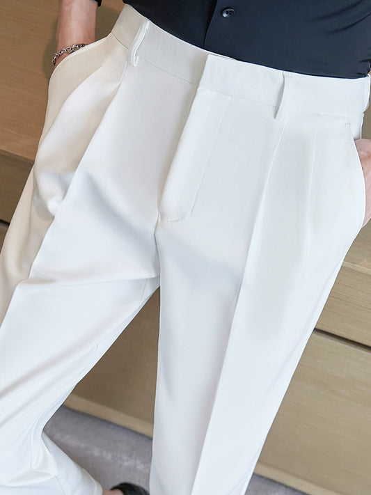 Pleated Casual Slim-Fit Stretch White Suit Pants