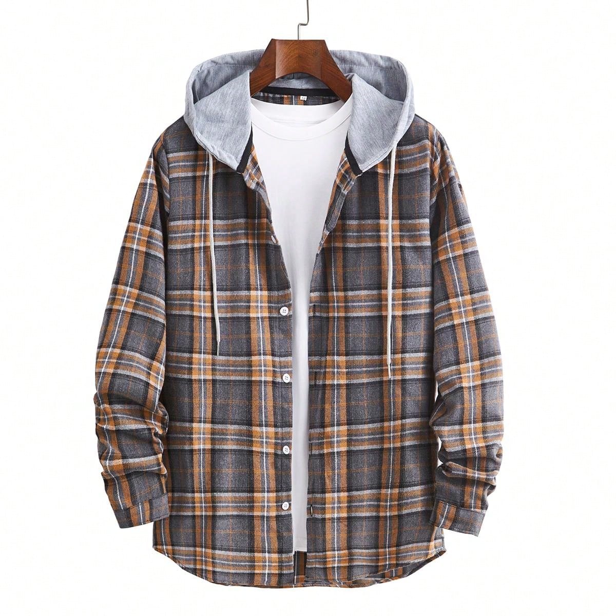 Men's Plaid Contrast Color Drawstring Hoodie Shirt