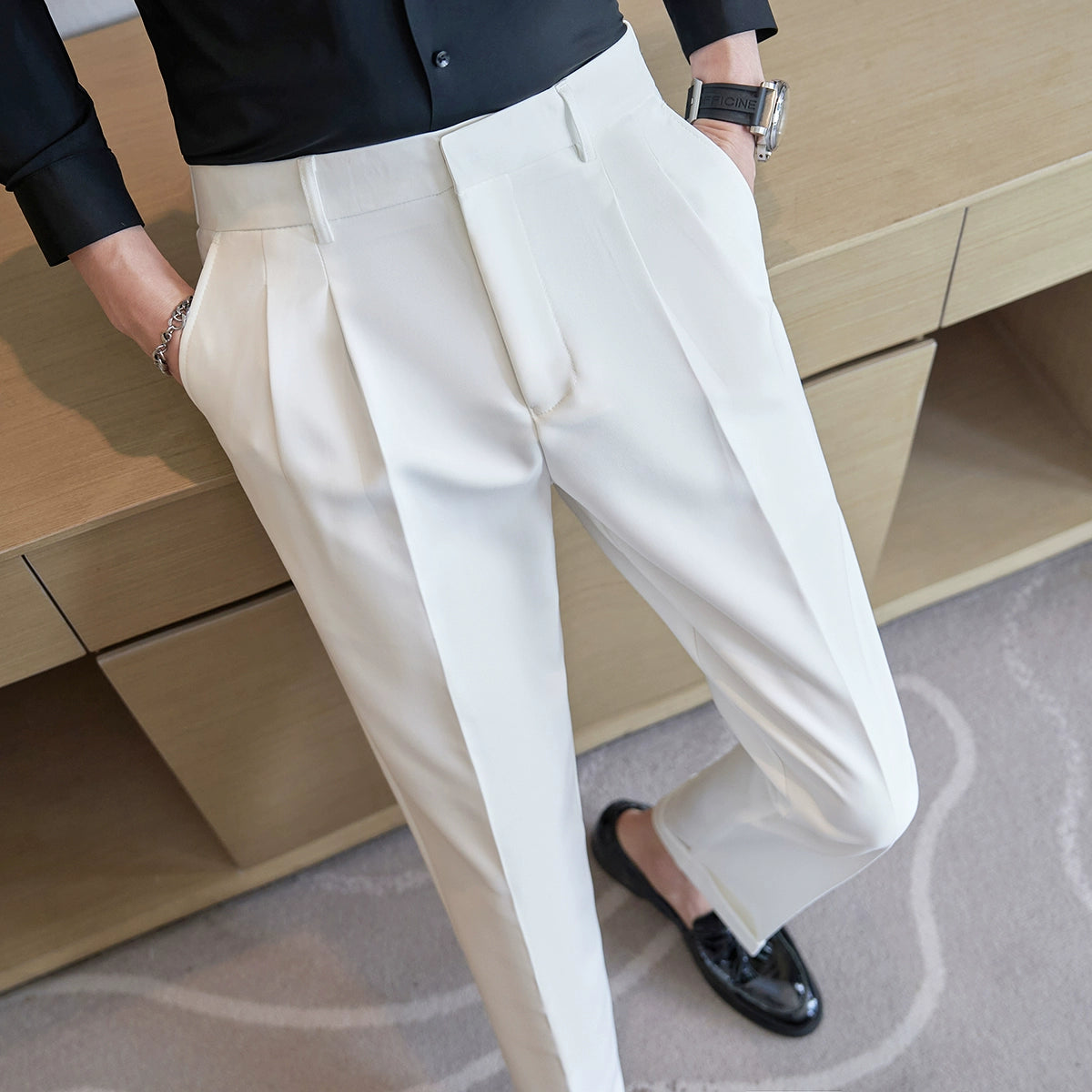 Pleated Casual Slim-Fit Stretch White Suit Pants Pleated Casual Slim-Fit Stretch White Suit Pants In Your Hand Store White M((50.00 kg-60.00 kg) 