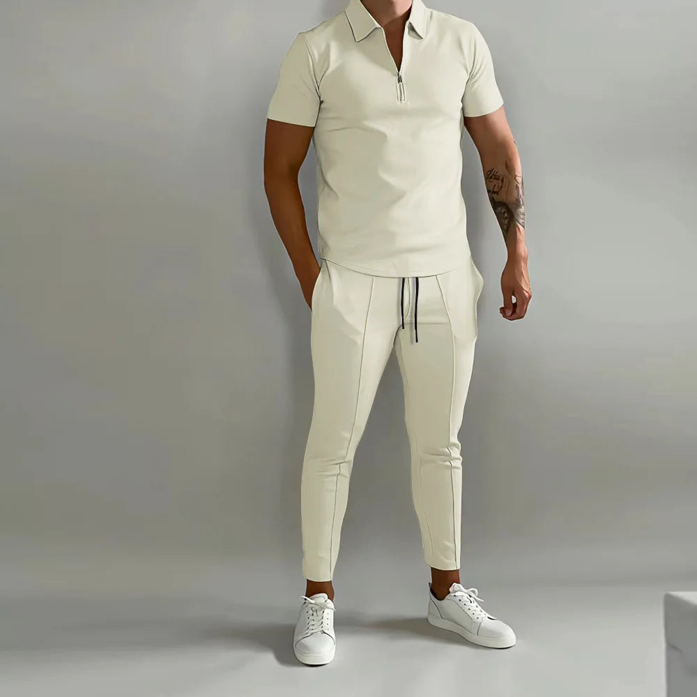 2024 summer explosive men's fashion slim-fit trend short sleeve pants suit youth leisure fitness sports men's suit  In Your Hand Store cream-coloured XXXL 