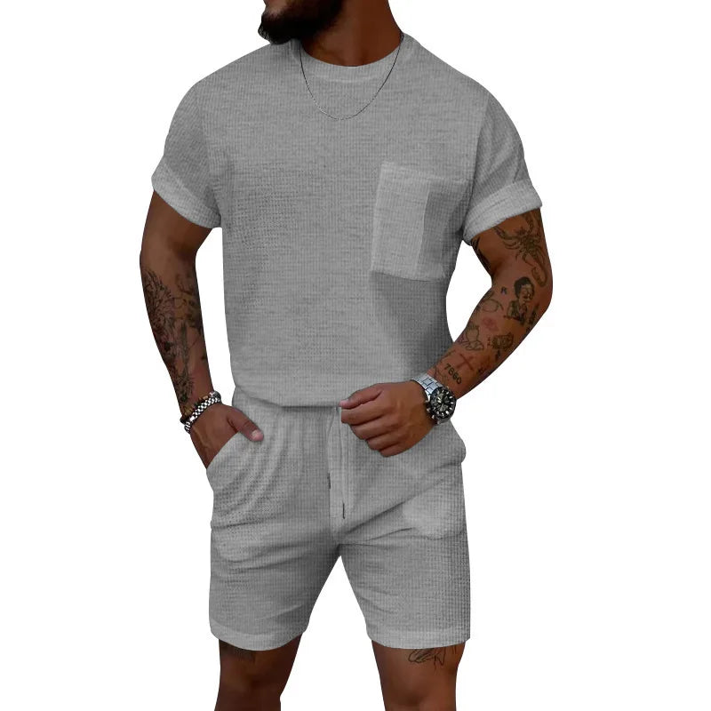 Short Sleeved Round neck, pocket Shorts Set Short Sleeved Round neck, pocket Shorts Set In Your Hand Store Gray L 