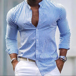 Spring Breeze Striped Stand Neck Men's Shirt Spring Breeze Striped Stand Neck Men's Shirt In Your Hand Store Blue XXL 