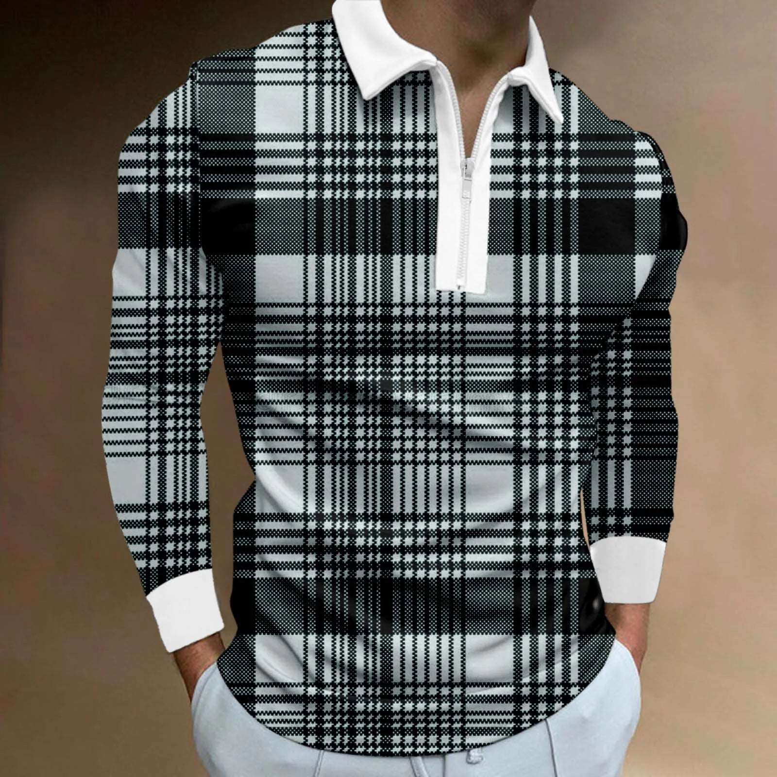 Fashion Patchwork Plaid Long Sleeve  Inyourhand Grey L 