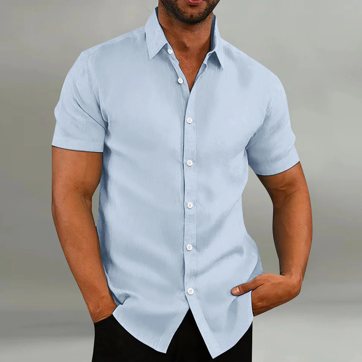 2024 new summer men's youth popular short sleeve fashion retro cotton and linen casual loose formal short sleeve shirt  In Your Hand Store Baby blue M 