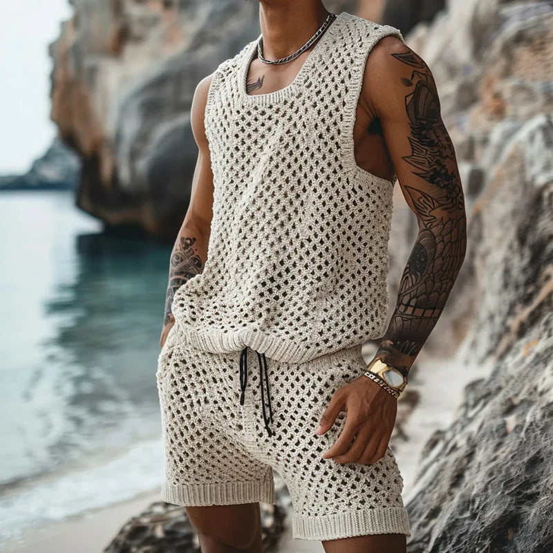 Men's Summer Casual Knit Two-piece Men's Summer Casual Knit Two-piece In Your Hand Store Rice White XL 