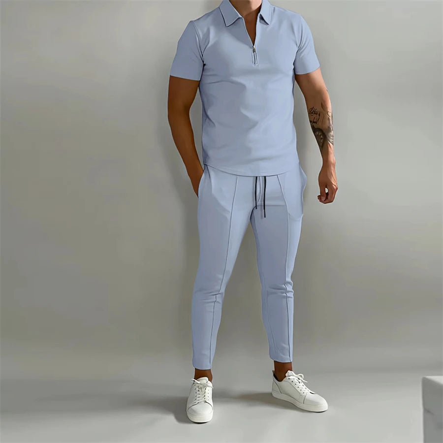 2024 Men's Summer New Fashion Two-piece Casual Printing Solid Color POLO Zipper Lapel Shirt Elastic Sports Short-sleeved Suit  In Your Hand Store light blue XL Pack of 1