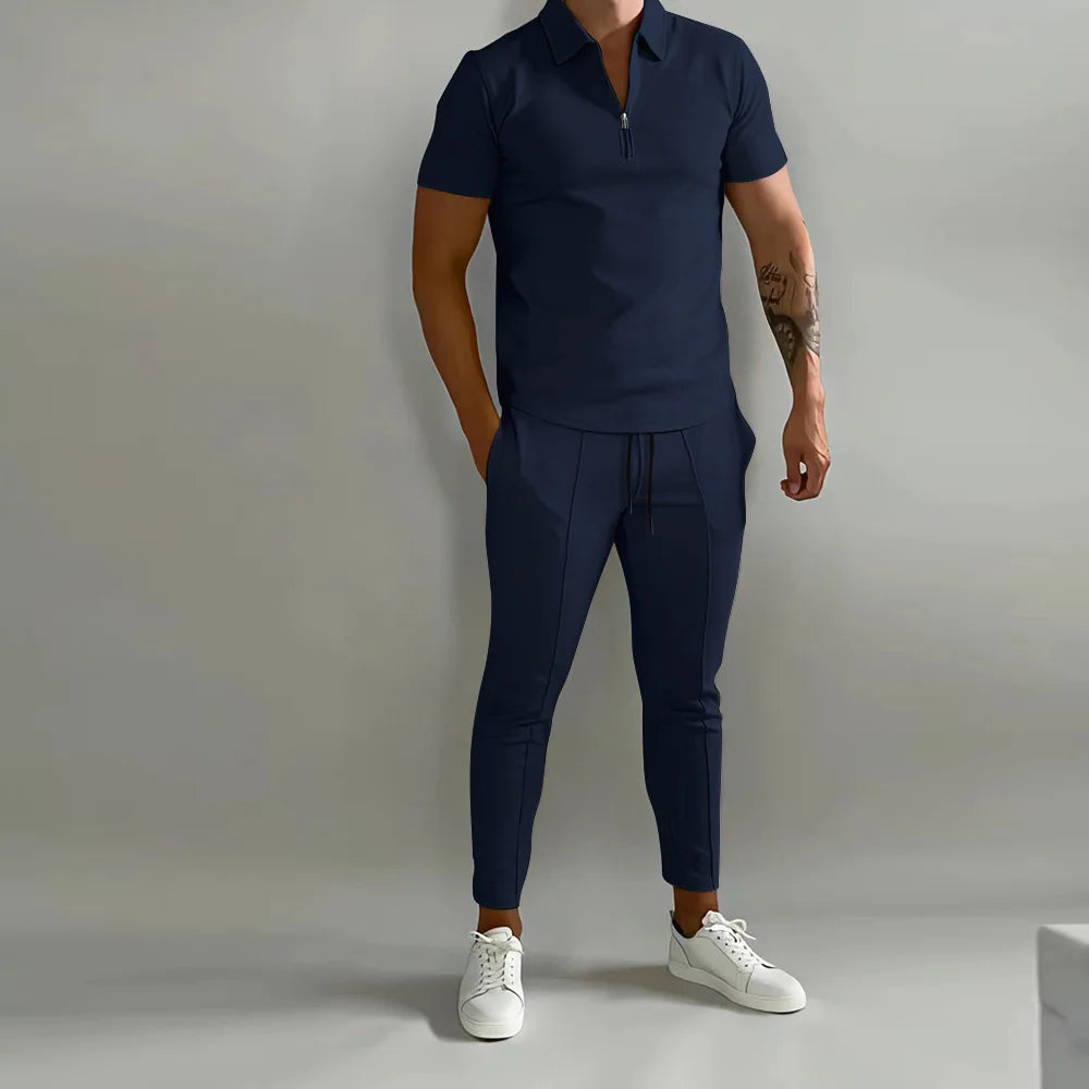 2024 summer explosive men's fashion slim-fit trend short sleeve pants suit youth leisure fitness sports men's suit  In Your Hand Store Navy blue XXXL 