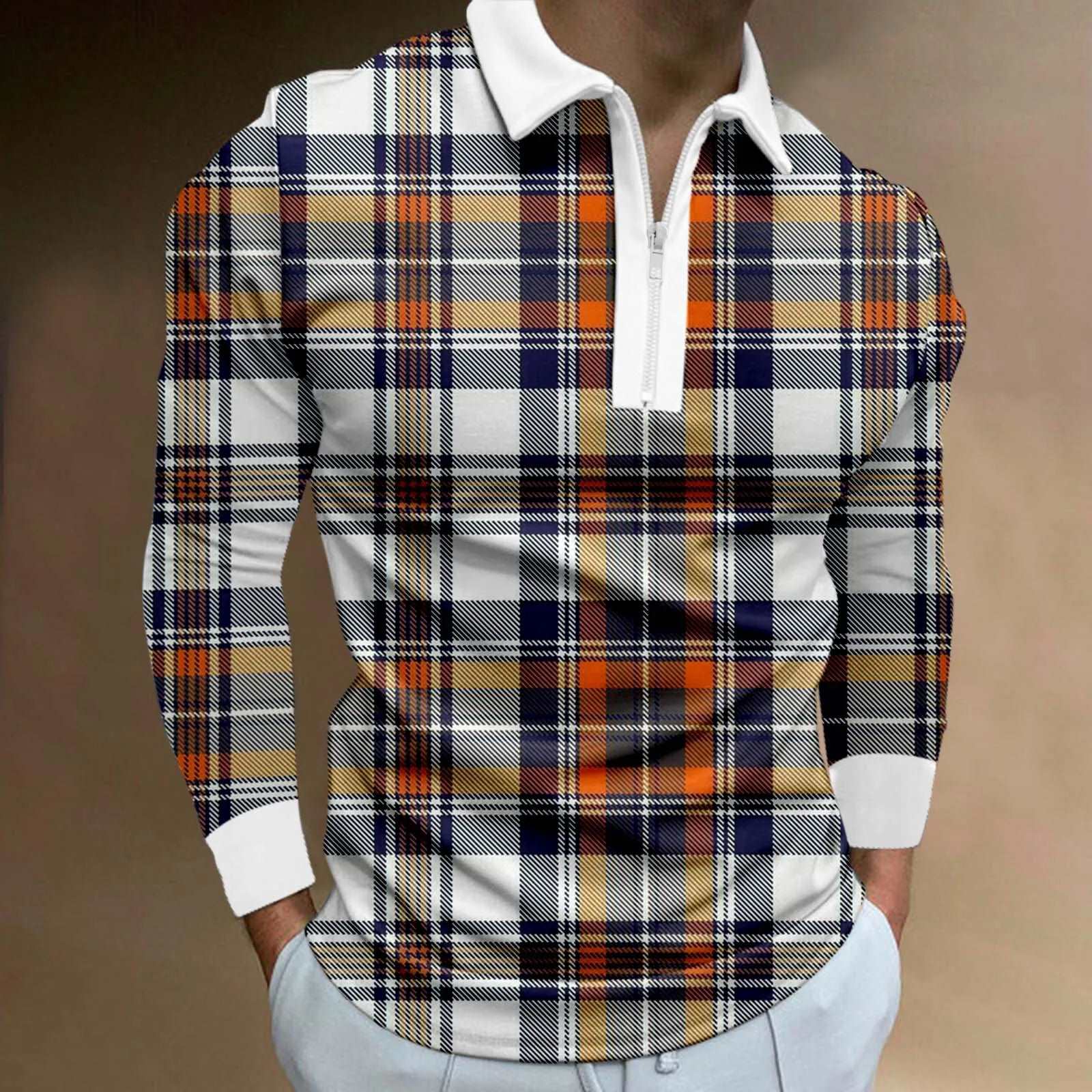 Fashion Patchwork Plaid Long Sleeve  Inyourhand Orange L 