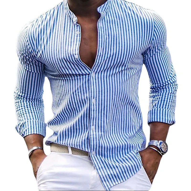 Spring Breeze Striped Stand Neck Men's Shirt Spring Breeze Striped Stand Neck Men's Shirt In Your Hand Store   