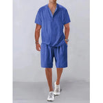 Linen Outfits Short and Polo Shirt Linen Outfits Short and Polo Shirt In Your Hand Store Blue XXXL 