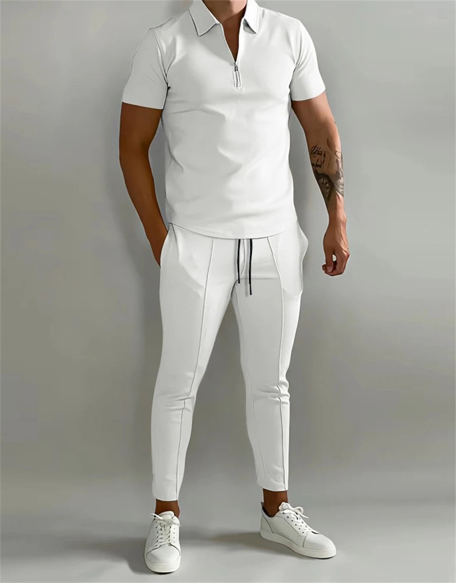 Men's Casual Two-Piece Polo Zipper Shirt Set Trendy Men's Casual Polo Zipper Shirt Set for Summer In Your Hand Store White S 