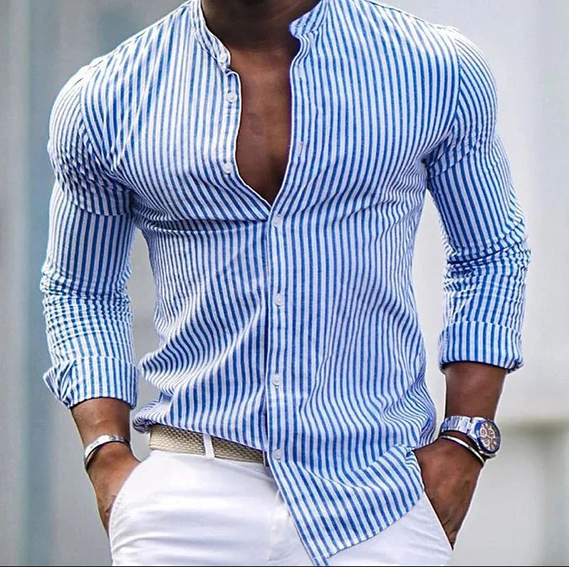 Spring Breeze Striped Stand Neck Men's Shirt Spring Breeze Striped Stand Neck Men's Shirt In Your Hand Store   