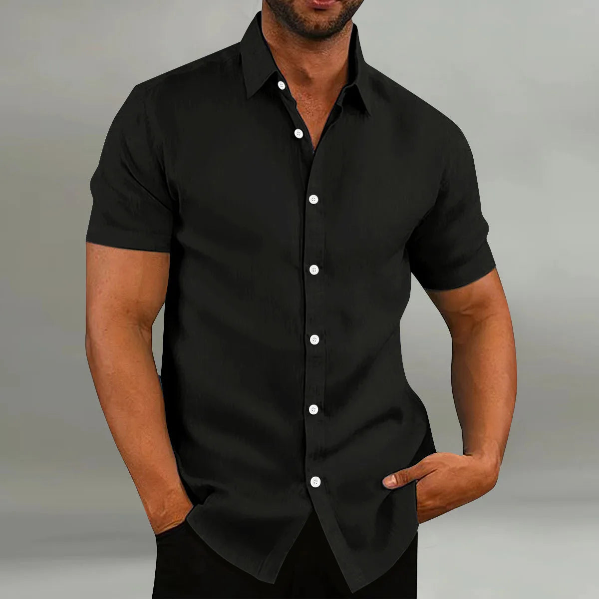 2024 new summer men's youth popular short sleeve fashion retro cotton and linen casual loose formal short sleeve shirt  In Your Hand Store black. XL 