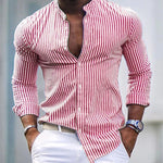 Spring Breeze Striped Stand Neck Men's Shirt Spring Breeze Striped Stand Neck Men's Shirt In Your Hand Store Red S 