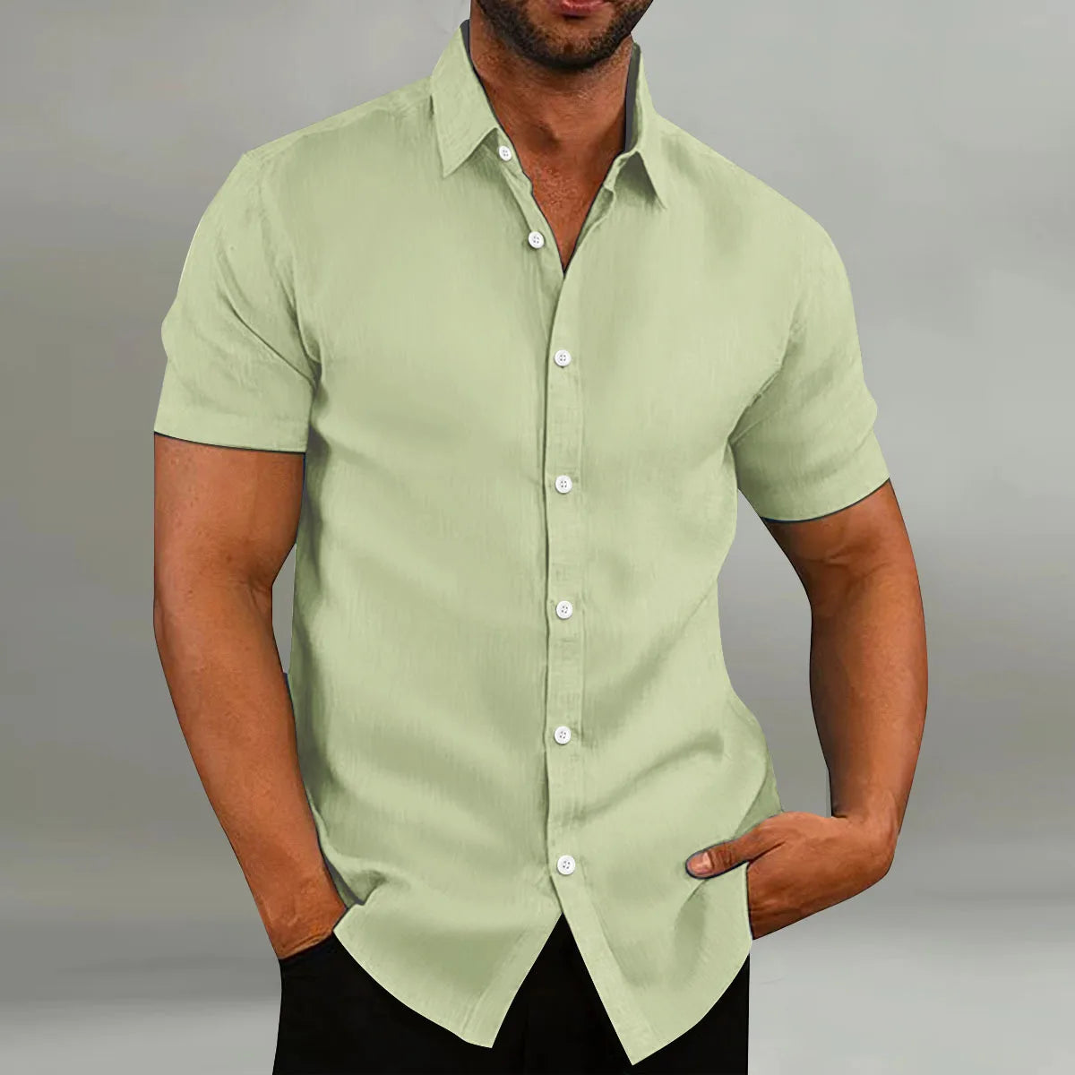 2024 new summer men's youth popular short sleeve fashion retro cotton and linen casual loose formal short sleeve shirt  In Your Hand Store Grass green XXXL 