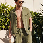 Cotton Linen Shirt Set Cotton Linen Shirt Set In Your Hand Store army green XXL 