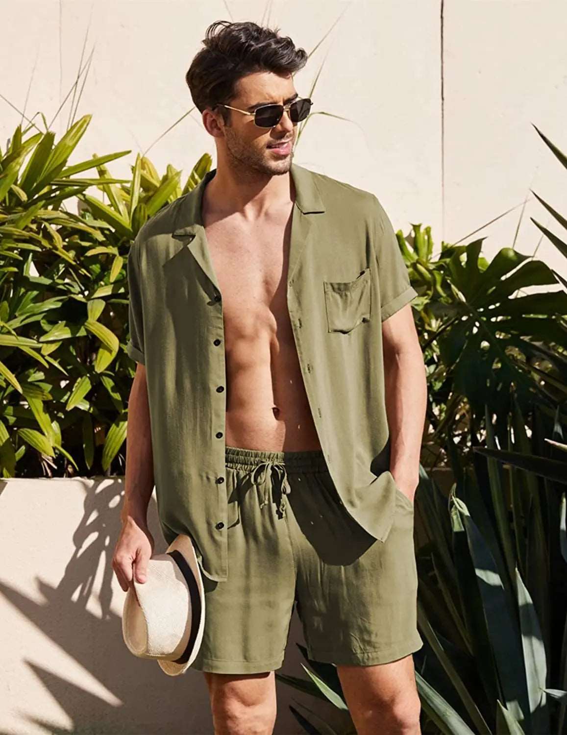 Cotton Linen Shirt Set Cotton Linen Shirt Set In Your Hand Store army green XXL 