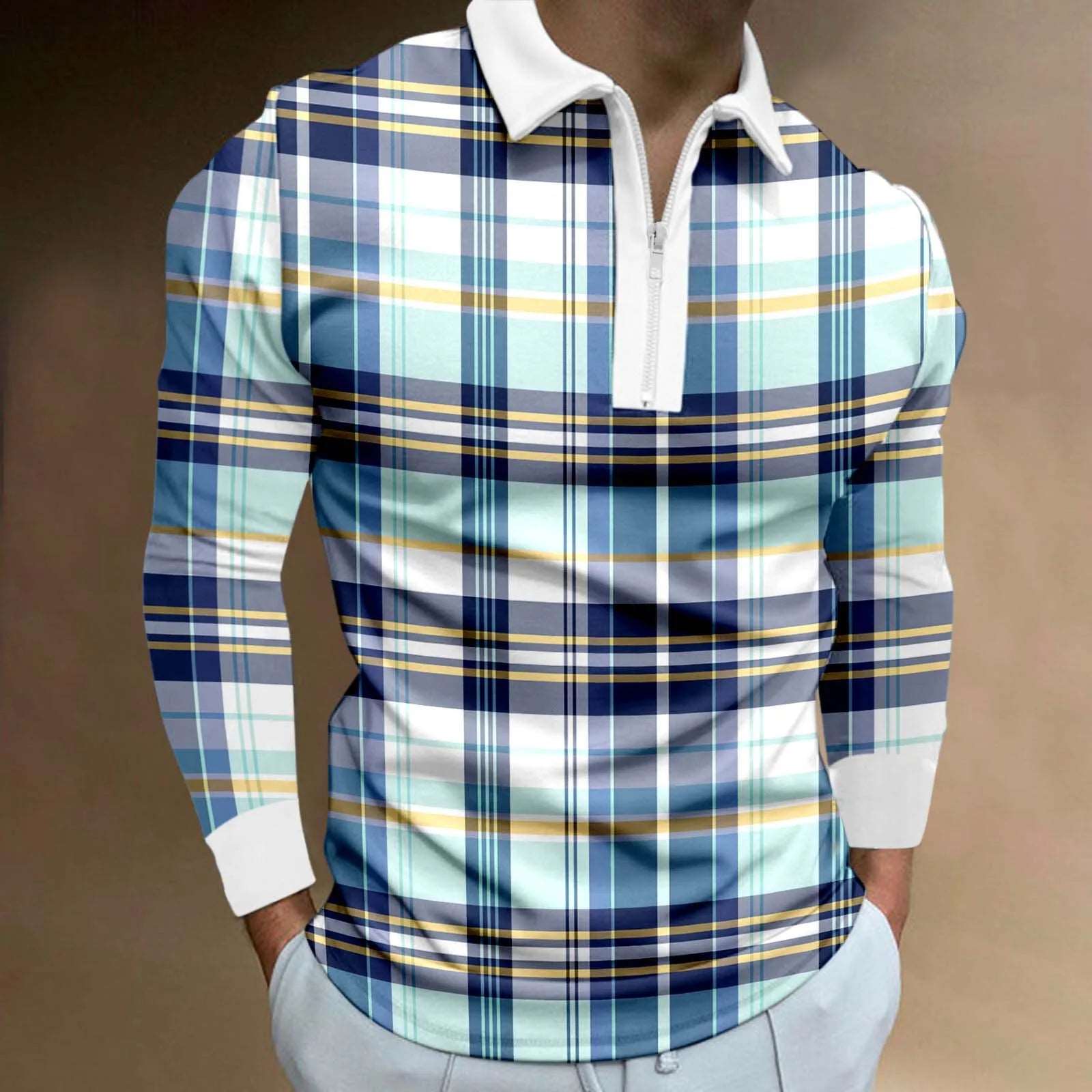 Fashion Patchwork Plaid Long Sleeve  Inyourhand Light Blue L 