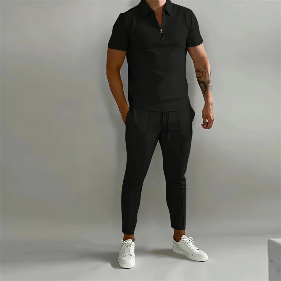 Men's Casual Two-Piece Polo Zipper Shirt Set Trendy Men's Casual Polo Zipper Shirt Set for Summer In Your Hand Store Black S 