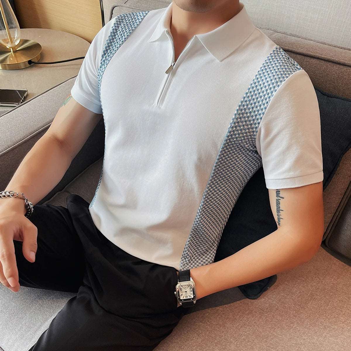 Stylish Patchwork Knit Polo Stylish Patchwork Knit Polo Inyourhand WHITE 3XL 77kg-85kg 