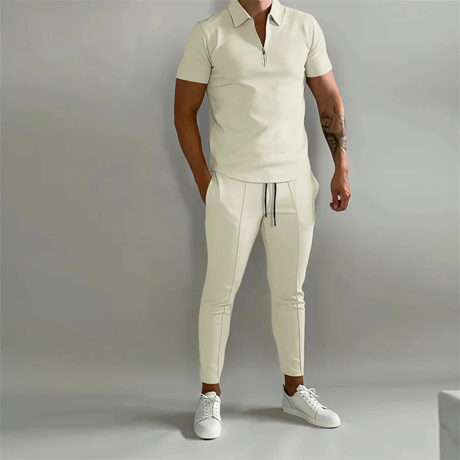 2024 Men's Summer New Fashion Two-piece Casual Printing Solid Color POLO Zipper Lapel Shirt Elastic Sports Short-sleeved Suit  In Your Hand Store beige XXXL Pack of 1