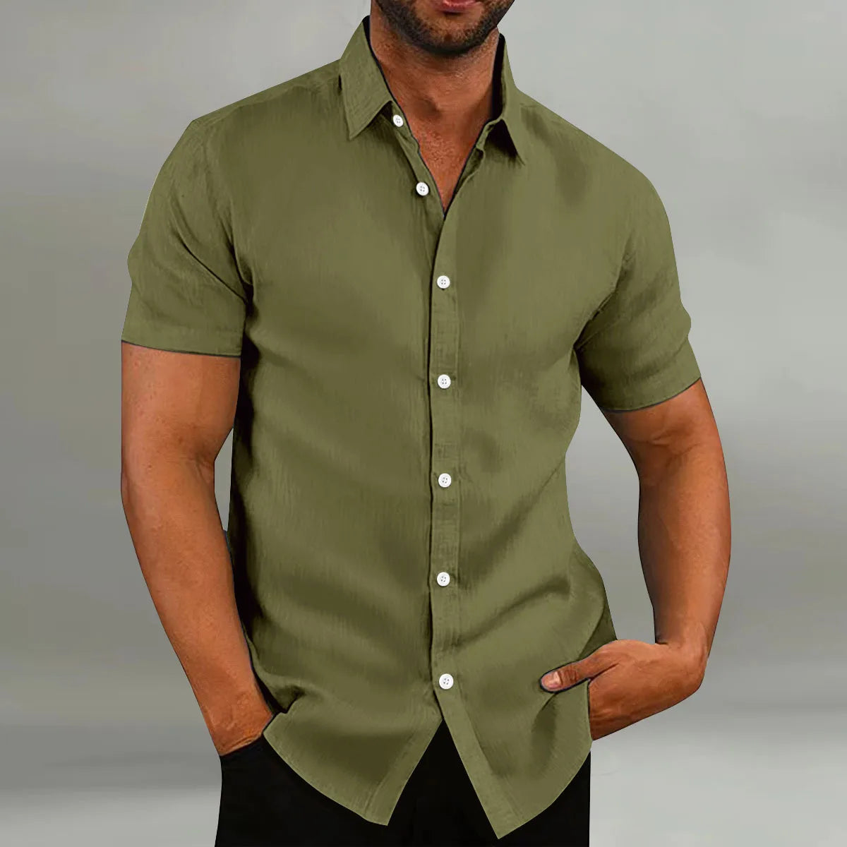 2024 new summer men's youth popular short sleeve fashion retro cotton and linen casual loose formal short sleeve shirt  In Your Hand Store Army green XXXL 