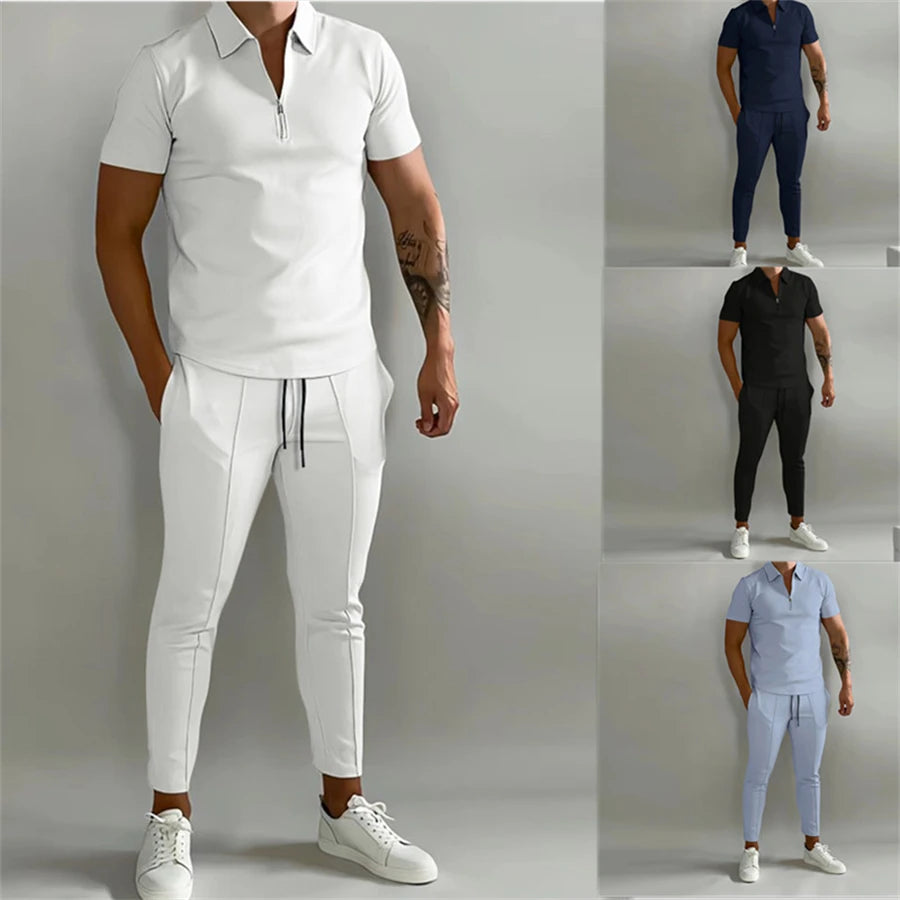 Men's Casual Two-Piece Polo Zipper Shirt Set Trendy Men's Casual Polo Zipper Shirt Set for Summer In Your Hand Store   