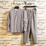 Linen Long Sleeve T-shirt+Pant Set Linen Long Sleeve T-shirt+Pant Set In Your Hand Store Gray M 45-52KG 